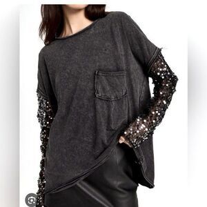 Free People Celine Sequin Sleeve Tee Black Washed Oversized Top XS / TP
